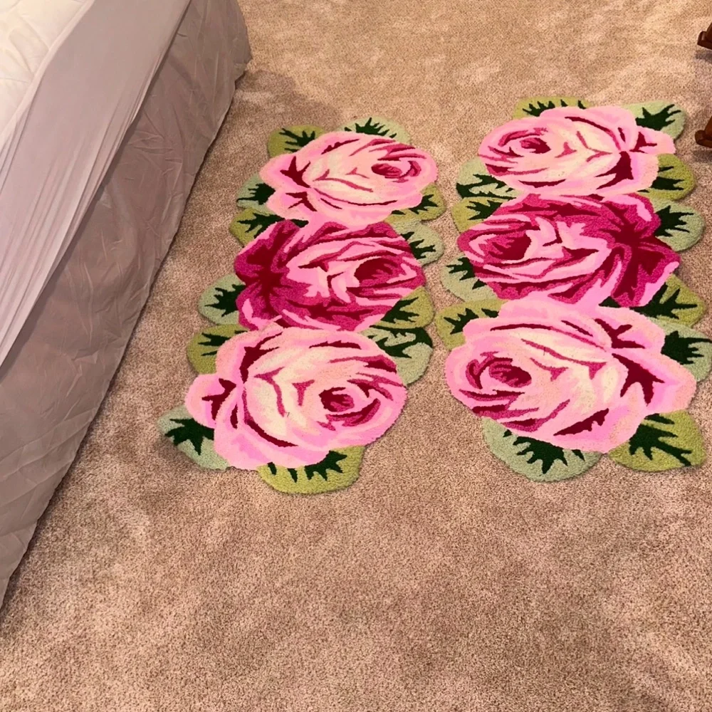 Vibrant Pink Floral Door Mat with Green Foliage Accents